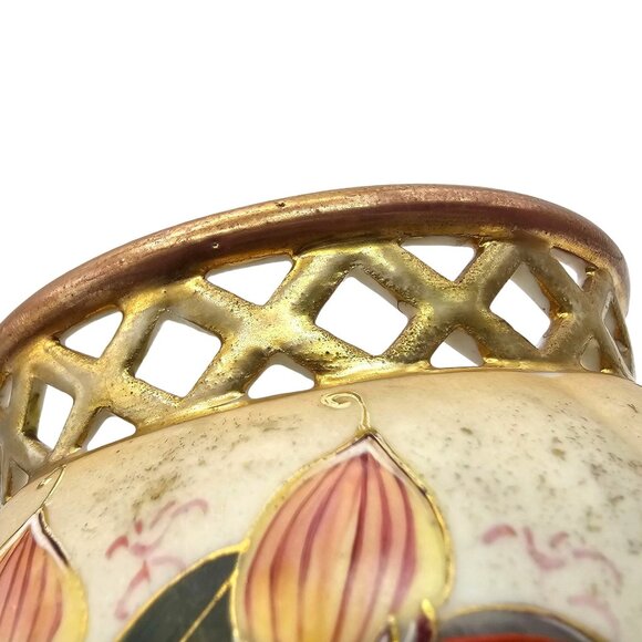 Antique 1893 Robert Hanke Porcelain Vase Lattice Rim Orchid Butterfly Design - Picture 15 of 16